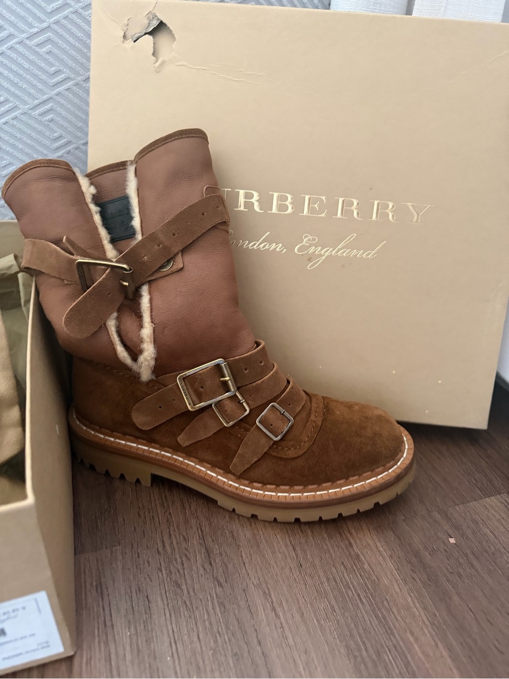 Burberry Tan Brown Suede & Leather Buckle Shearling Boot